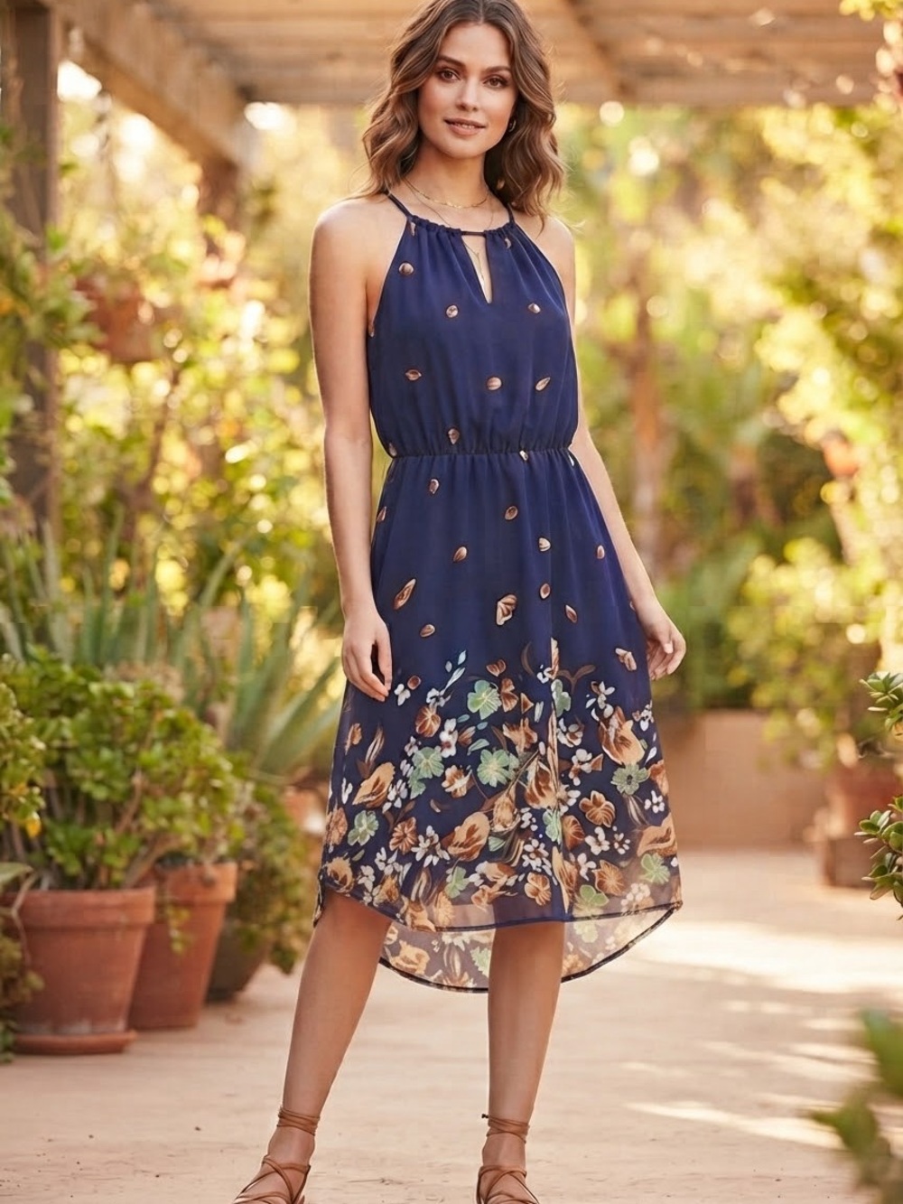 Collective Concepts Navy Blue Floral Chiffon Halter Dress Large Boho Fall